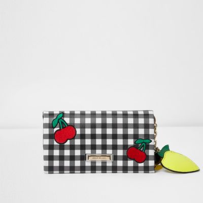 Black gingham cherry appliqu&#233; foldover purse